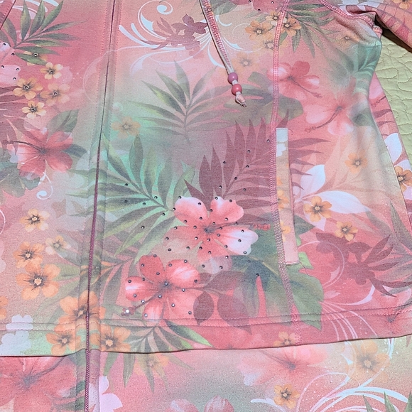 Green Tea Tropical Floral Rhinestone short sleeve hoodie size XL - Picture 3 of 9
